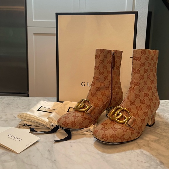 Gucci GG Logo Marmont Guccissima Monogram Brown Mid-Calf  Heel Boot shoe - Picture 2 of 12
